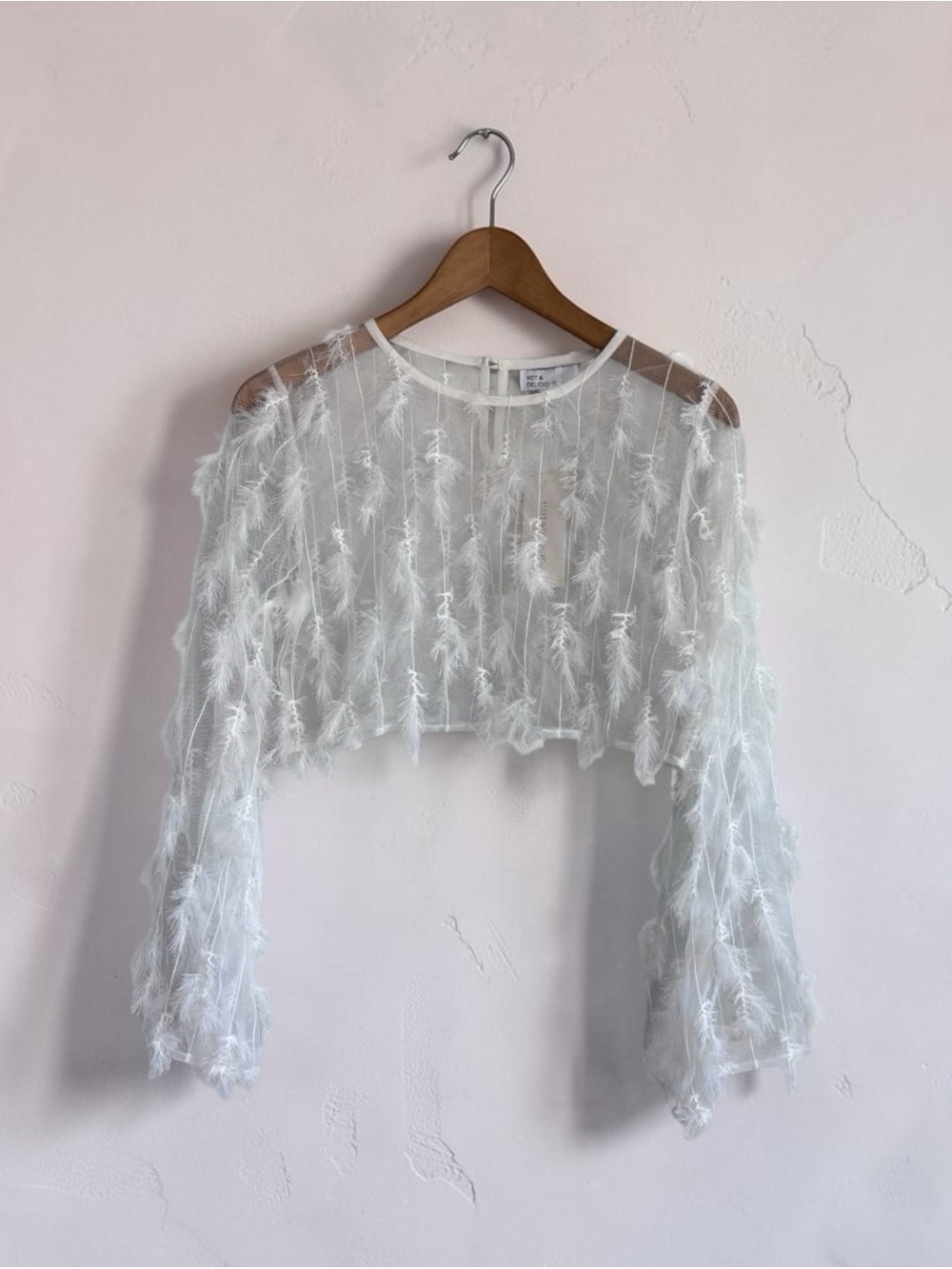 NWT White Sheer Feather Mesh Crop‎ Top Medium Festival Fairycore Fringe Boho